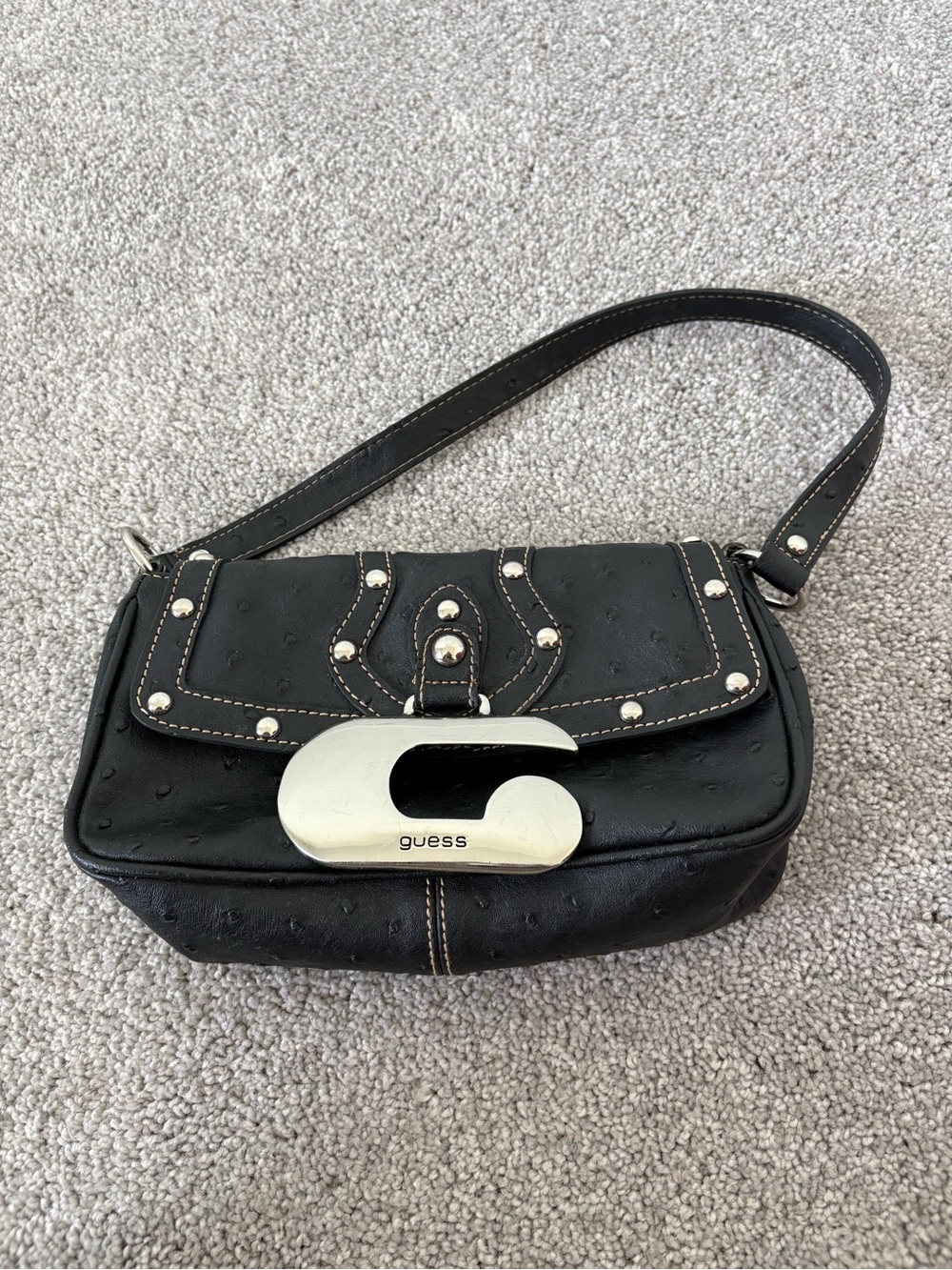GUESS Black Leather Shoulder Bag with Silver Logo Accent